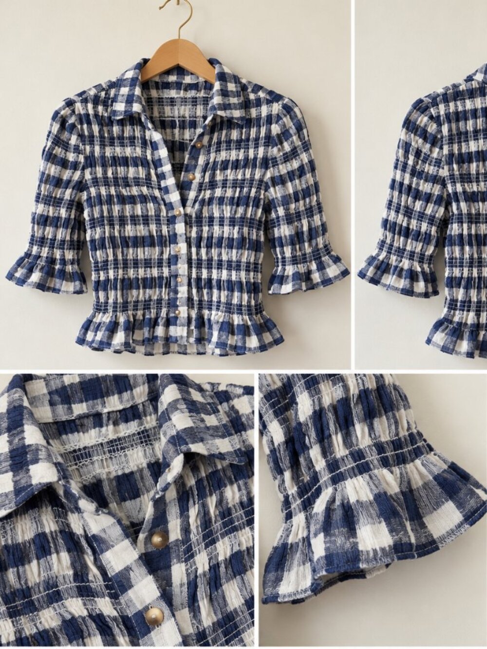 Women's Anthropologie Maeve Navy Gingham Smocked Button Crop Top Small NWOT
